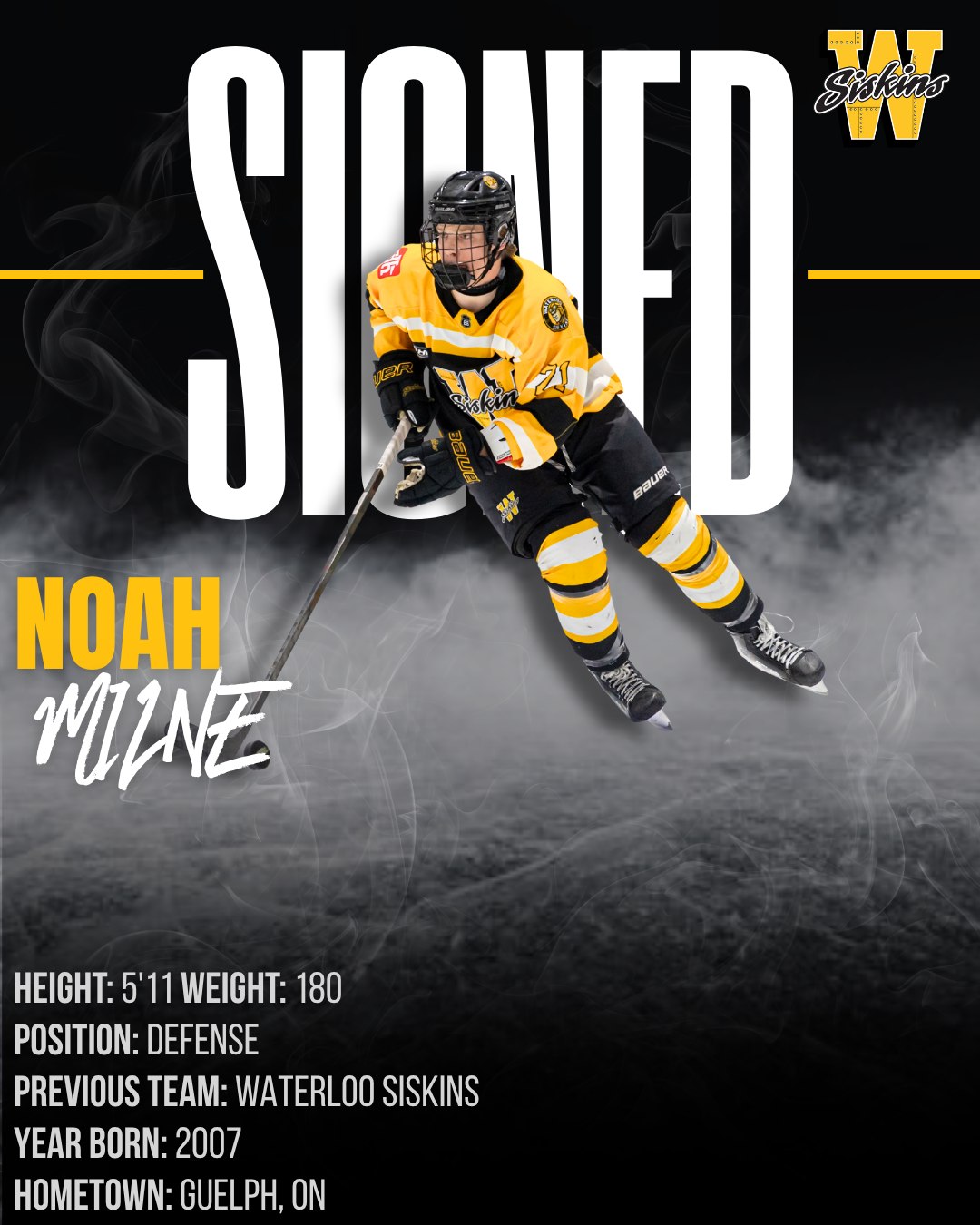 🚨 PLAYER SIGNING 🚨

We are thrilled to announce the return and re-signing of 2007-born defenseman Noah Milne!

The Guelph, Ontario native returns to our blueline bringing 53 games of GOHL experience (spent between Waterloo and the Elmira Sugar Kings) and 10 career points. Milne provides a steady, reliable two-way presence to our back end—consistently matching up against the opposition’s top lines while delivering a sharp, puck-moving element.

Beyond the eye test, Noah’s analytical impact is massive, tracking as one of our top defensemen at driving possession (CORSI) and controlling the game when he’s on the ice.

🗣️ Coach’s Take
"Noah is an incredibly dependable, coachable player whose overall compete level sets a standard for our back end," says Head Coach Matt Doyle. "He’s put in the work, and we are incredibly excited to see the 'veteran version' of Milne hit the ice this season."

Welcome back to the black and yellow, Noah! 🖤💛

#SiskyBuzz #GOHL #PlayerSigning #BlackandYellow