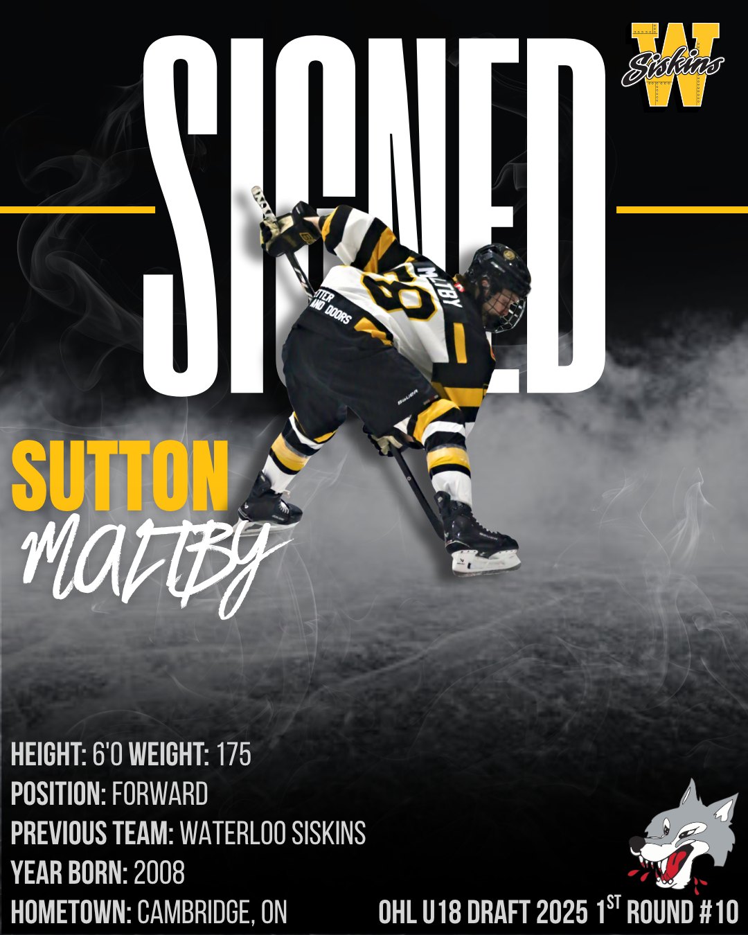 🚨 PLAYER ANNOUNCEMENT 🚨

The Waterloo Siskins are thrilled to announce that 2008-born centerman Sutton Maltby is returning to the team for the upcoming season!

A proud Cambridge, ON native, Sutton brings talent and local grit back to our lineup. His standout play caught the attention of the OHL, leading to him being selected by the Sudbury Wolves in the 1st round of the 2025 U18 Draft.

Head Coach Matt Doyle knows exactly what Maltby brings to the room and the ice:

"Sutton is a massive piece of what we are building here. He is a phenomenal character player who exhibits the exact traits we want out of all Siskins—he is incredibly hard-working and relentless. On top of that, his prowess in the faceoff circle gives us a massive advantage every single night. We are ecstatic to have him back."

Join us in welcoming Sutton back to the Siskins family! 🛫🖤💛

#SiskyBuzz #ClearEyesFullHearts #Waterloo #Hockey #GOHL #OHL