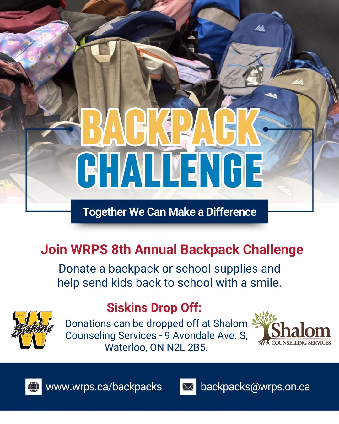 🎒 TEAMWORK ON & OFF THE ICE 🎒

We are thrilled to announce that the Waterloo Siskins are teaming up with @shalom_counselling to support the @officialwrps Backpack Challenge!

Every student deserves to head back to school with the tools they need to succeed. We’re calling on the Siskins community to help us make a difference!

📌 How you can help:
Drop off new backpacks or school supplies at Shalom Counselling Services in Waterloo.
📍 Drop-off Location: 9 Avondale Ave. S., Waterloo, ON N2L 2B5

Our players will be joining forces with the team at Shalom to hand-deliver all your generous donations to the Waterloo Regional Police Service before the August 17th deadline.

Let’s come together to support local students and kick off the school year right! 🏒📚

#WaterlooRegion #CommunityFirst #WRPS #SiskyBuzz #GOHL