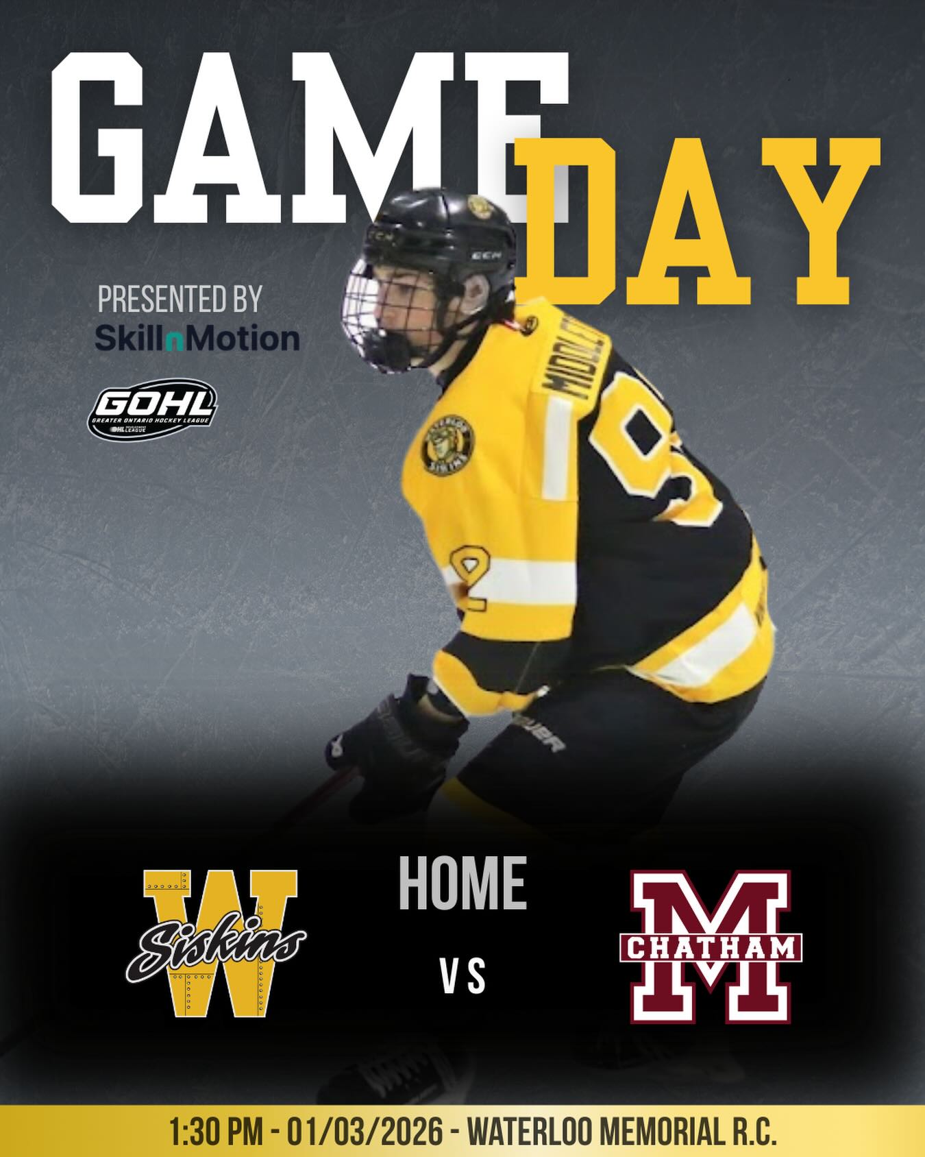 🚨 Game Day 🚨

Waterloo Siskins v.s. Chatham Maroons

📍 Waterloo Memorial R.C.
⏰ Puck drops at 1:30pm