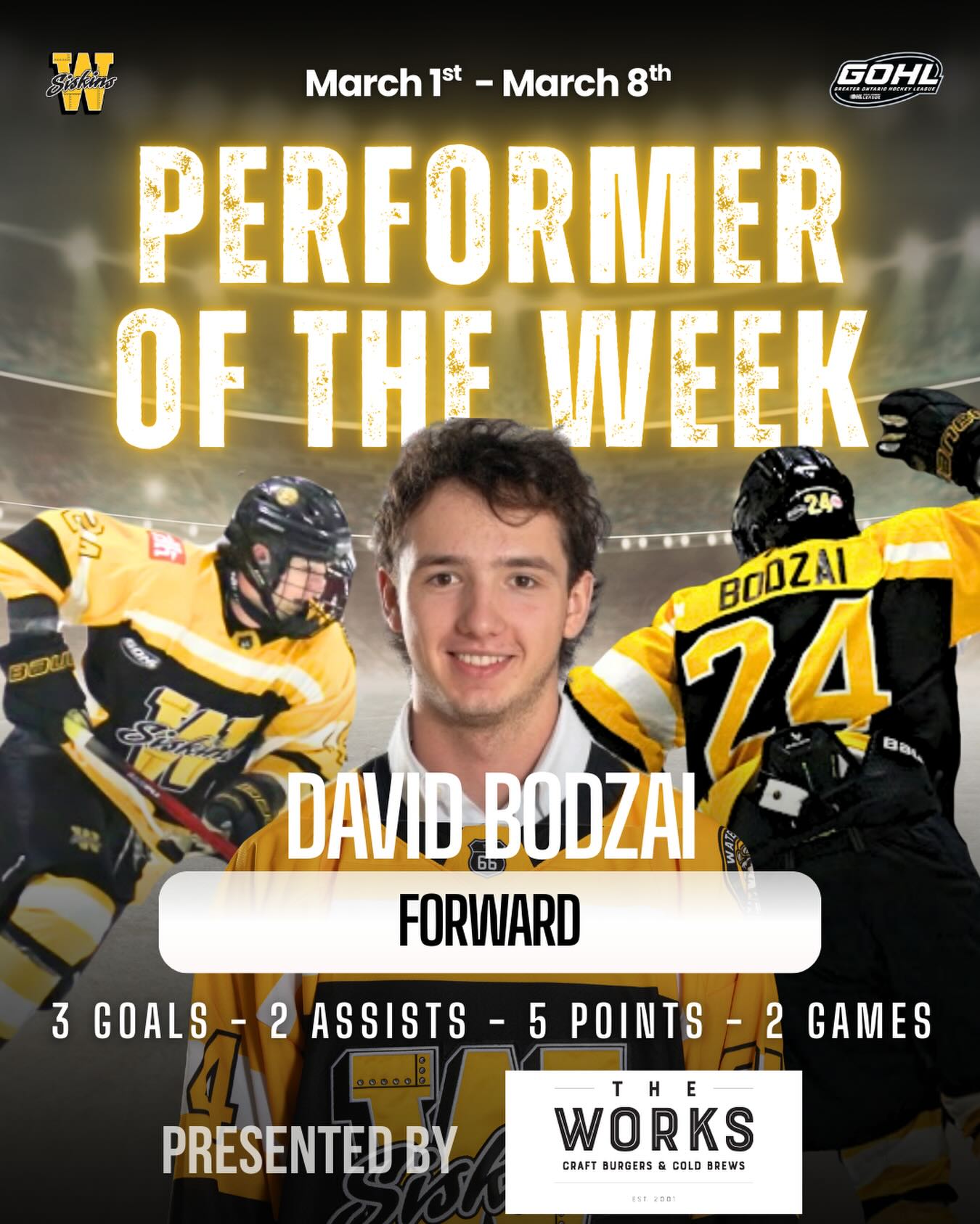 🏒🏆 Performer of the Week 🏆🏒

Last Week’s Performer of the Week was David Bodzai!

Bodzai delivered strong, hardworking performances on the ice.

This post is sponsored by The Works Craft Burgers and Cold Brews, who have provided our recipient with a coupon for 1 Gourmet Works Burger! 🍔💛

This recognition is based on overall player performance in both games and practices.

Congratulations, BODZAI!