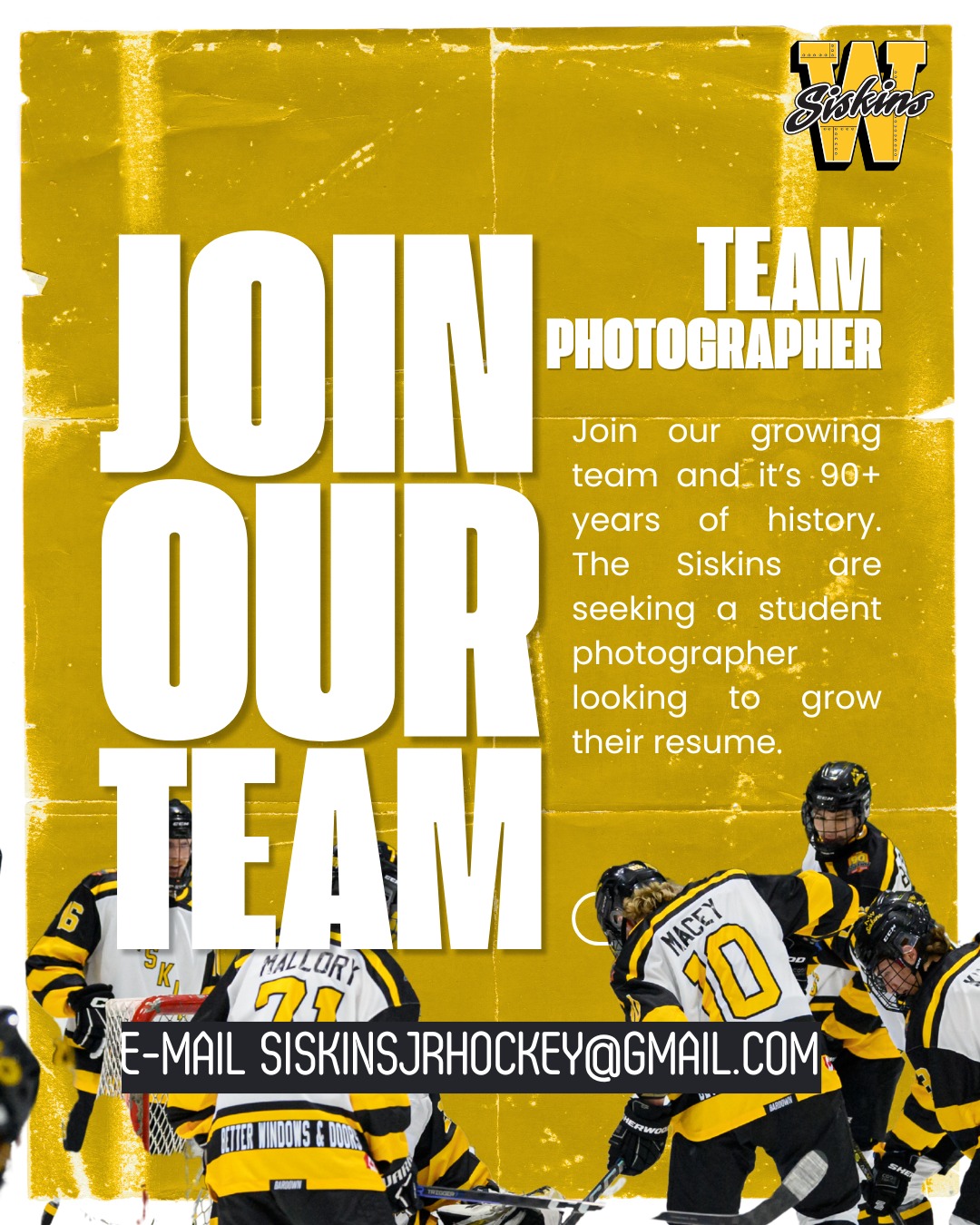 The Waterloo Siskins are looking for an aspiring student photographer to join our team for the upcoming season!

If you’re looking to build your sports photography portfolio and get behind-the-scenes access to Junior B hockey action, we want to hear from you. This is a great opportunity to capture high-intensity moments, develop your editing style, and get your work featured on our official socials.

What we’re looking for:

- A student passionate about sports photography and content creation.

- Availability for home games at the Waterloo Memorial Recreation Complex.

- Someone eager to grow their resume and showcase their skills in a fast-paced environment.

What’s in it for you:

- Official team accreditation and rink-side access.

- Full credit for all photos used on our platforms.

- A chance to build a professional network within the sports industry.

How to Apply:
Slide into our DMs or email us! Let’s capture some history.

#GOHL #SiskyBuzz #SportsPhotography #JuniorHockey