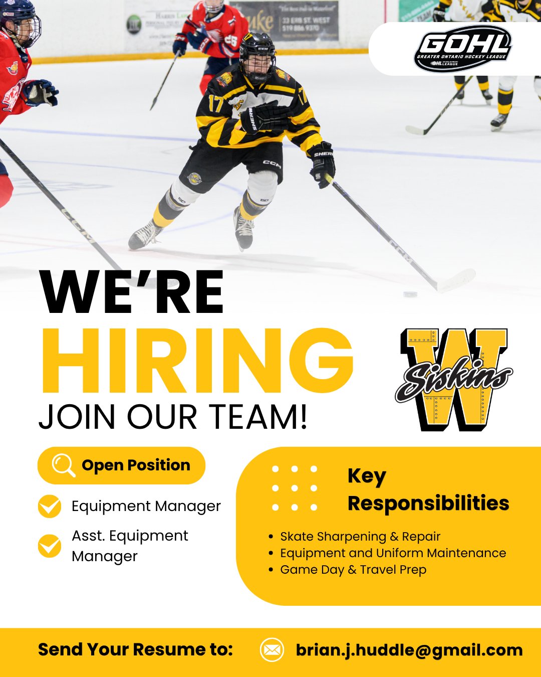 Exciting news! We're on the lookout for talented individuals to join our team. If you have a passion for skate sharpening, equipment maintenance, and game day prep, we want to hear from you. Check out our open positions for Equipment Manager and Assistant Equipment Manager. 

Ready to take the next step in your career? Send your resume to brian.j.huddle@gmail.com and be part of our dynamic team!

#SiskyBuzz #EquipmentManager #GOHL #OHL #HockeyJobs