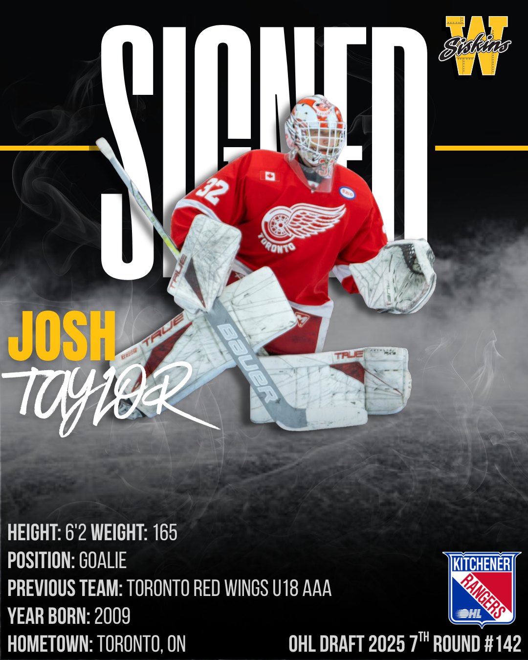 SIGNED! ✍️🧱

The Waterloo Siskins are thrilled to announce the signing of 2009-born goaltender Josh Taylor for the 2026-27 season!

A 7th-round pick (142nd overall) of the Kitchener Rangers in 2025, Josh comes to us from the GTHL’s Toronto Red Wings U18 AAA. Standing tall in the crease, he brings an ideal mix of size, technical skill, elite athleticism, and a relentless competitive spirit to our backend.

Join us in giving Josh and the Taylor family a warm welcome to the Siskins family! 🚨

#SiskyBuzz #BrickWall #OHL #GOHL #Waterloo