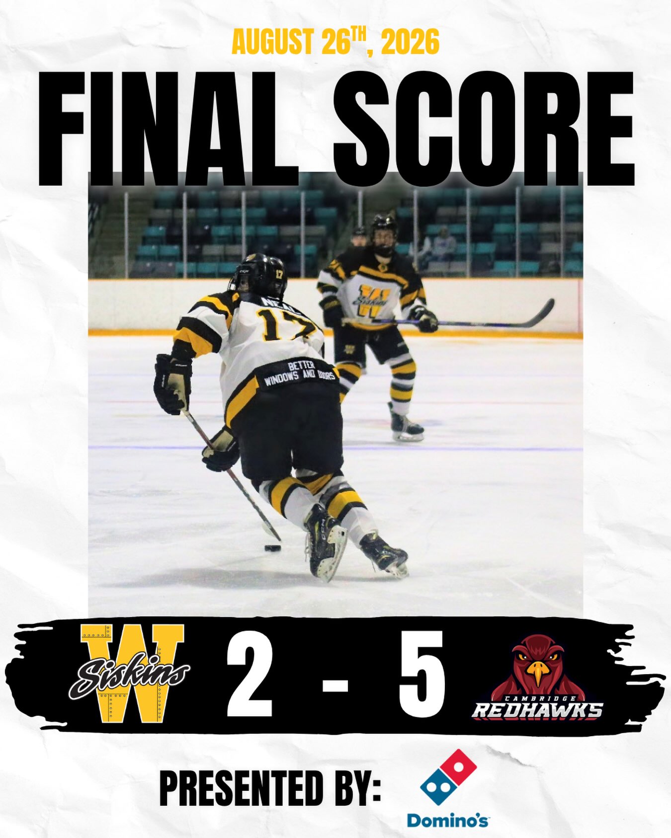 Final Score from tonight’s game.

Our next game is Friday night at RIM Park. See you there! 💛🏒