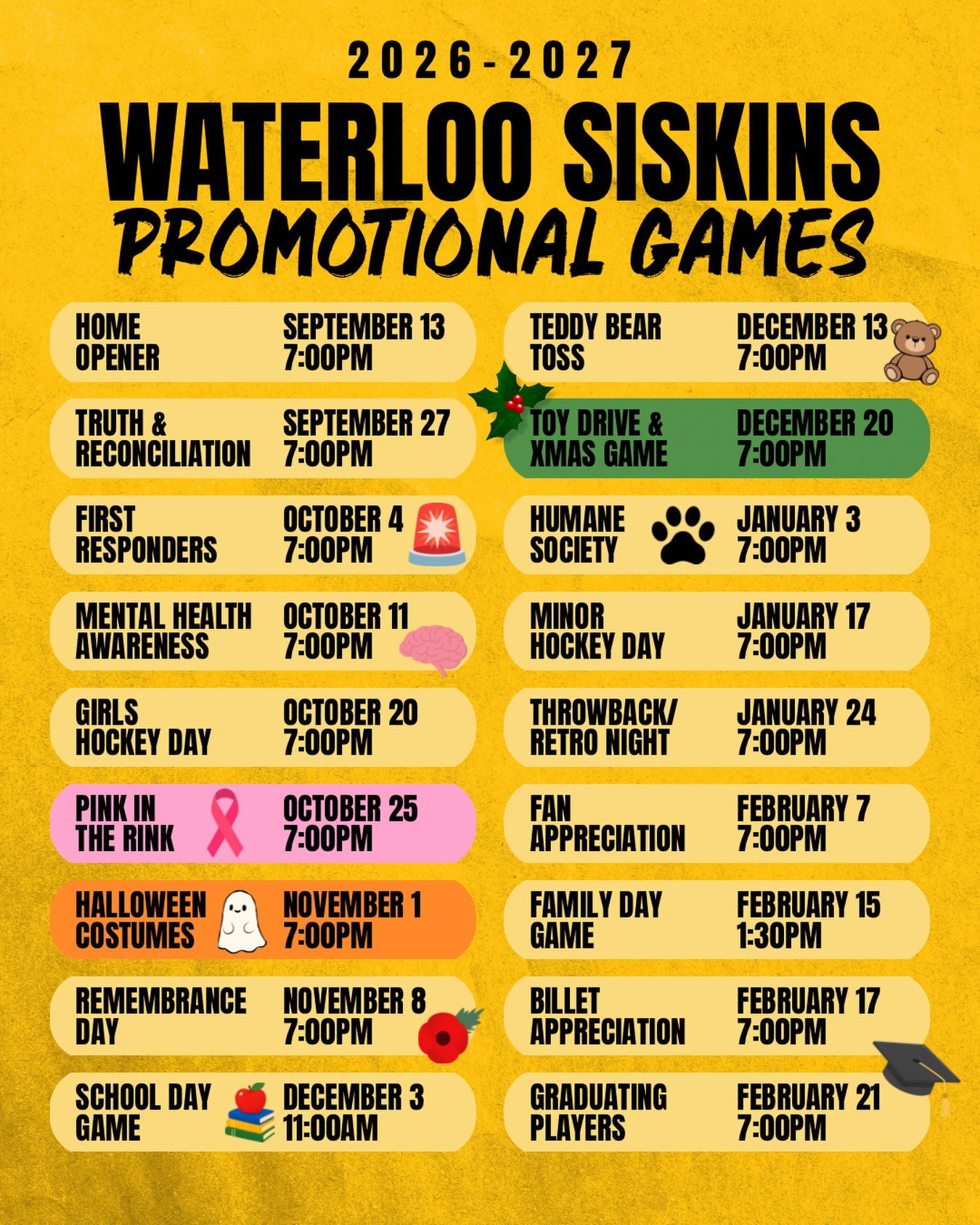 SAVE THE DATES ✍🏻🗓️

The 2026–27 promotional game schedule is officially here, and we have BIG things planned! 

Check out the schedule, mark your calendars, and we’ll see you at the rink! 🔥🏒

#siskybuzz
