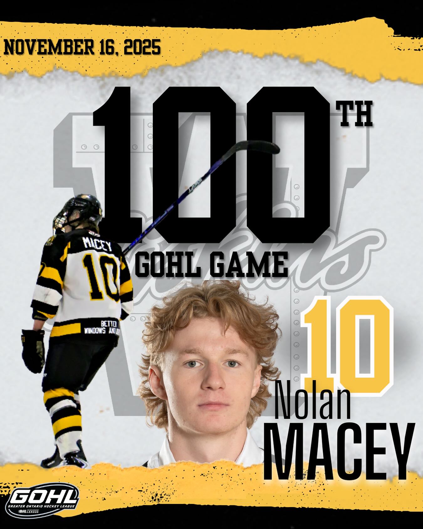Congrats to #10 Nolan Macey on his 100th game in the GOHL!!