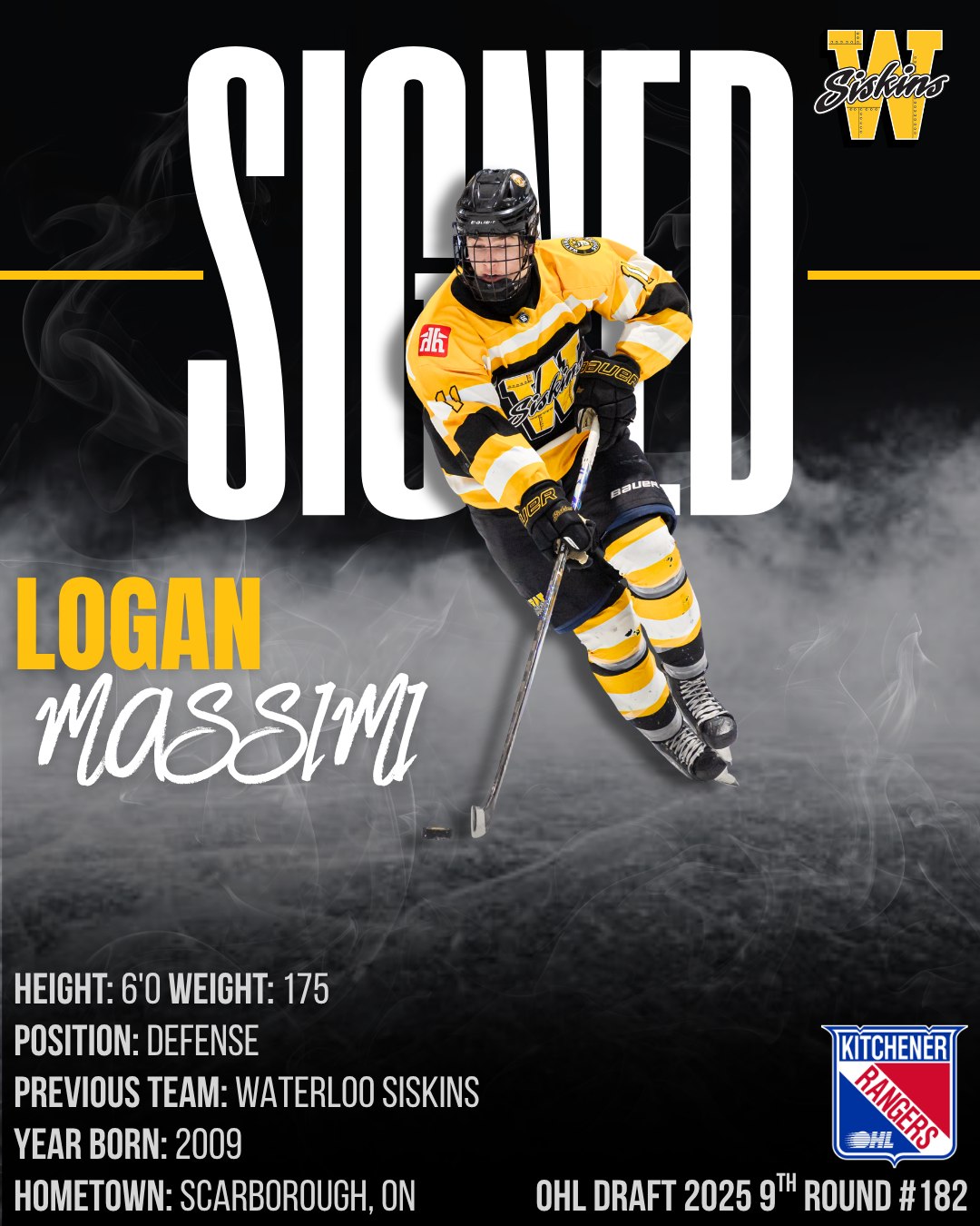 🚨 HE’S BACK. 🚨

Join us in welcoming back 2009-born defenseman, Logan Massimi! ✈️

Massimi is coming off an absolutely outstanding rookie season where he logged massive minutes and led our entire D-core in ice time. 🕒

The @OHLHockey is already taking notice—Logan was drafted in the 9th round (182nd overall) by the @OHLKitchenerRangers and even got a taste of the big leagues, suiting up for a game with the Memorial Cup-winning Rangers last season! 🏆

We expect massive things from #11 this year. A star in the making. Let’s get to work, Logan! 💼💪

#SiskyBuzz #TD66 #WaterlooHockey #GOHL #OHL #LetsGoRangers