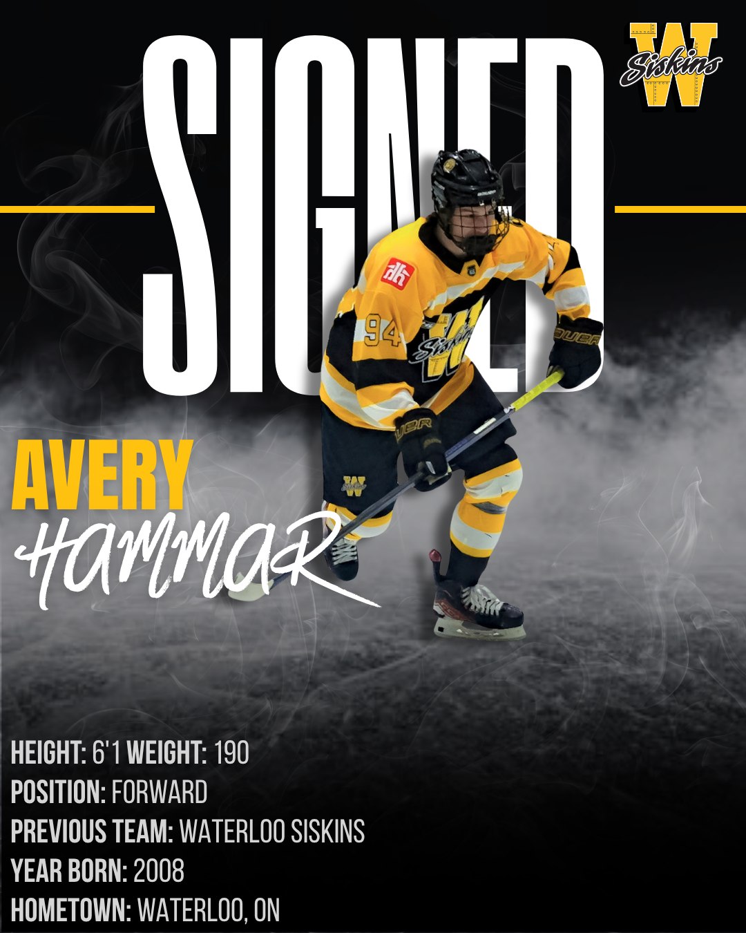 🚨 HE’S BACK! 🚨

The Waterloo Siskins are thrilled to announce the return of 2008-born forward Avery Hammar for the upcoming season! ✍️ 🟡⚫️

Hammar made serious waves in his rookie campaign last year, lighting the lamp 10 times and proving he can compete at this level. Combining a heavy game with high-end skill, this power forward is primed and ready for a massive breakout year in Waterloo.

"We are absolutely ecstatic to have Avery back in a Siskins uniform," says General Manager Brian Huddle. "Having a local boy return to the organization to continue his development is exactly what we’re about. Not only is Avery an incredibly talented hockey player with a huge ceiling, but he is a truly great person who brings the right attitude to our dressing room every single day."

Join us in welcoming Avery back to the rink! We can’t wait to see #94 dominate the ice this season.

#SiskyBuzz #TD66 #Waterloo #GOHL #HAMMARTIME