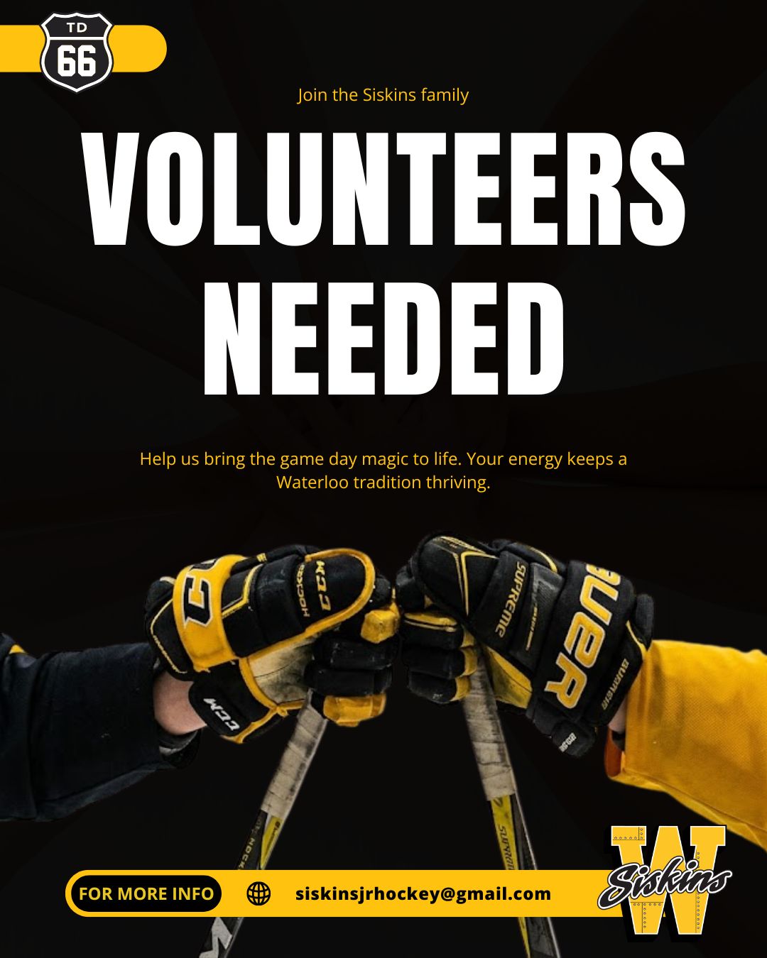 Want a front-row seat to the action? ⛸️
.
The Siskins are looking for volunteers for the upcoming season! Get involved in the Waterloo community, build your resume, and be a vital part of our game day operations.
.
Your contribution helps us keep 90 years of hockey excellence alive and well at the Rec Complex. From admissions to game-night promotions, come help us make every home game an unforgettable experience.
.
📩 DM us or e-mail us to join the crew!
.
#Waterloo #Community #SiskyBuzz #Volunteer