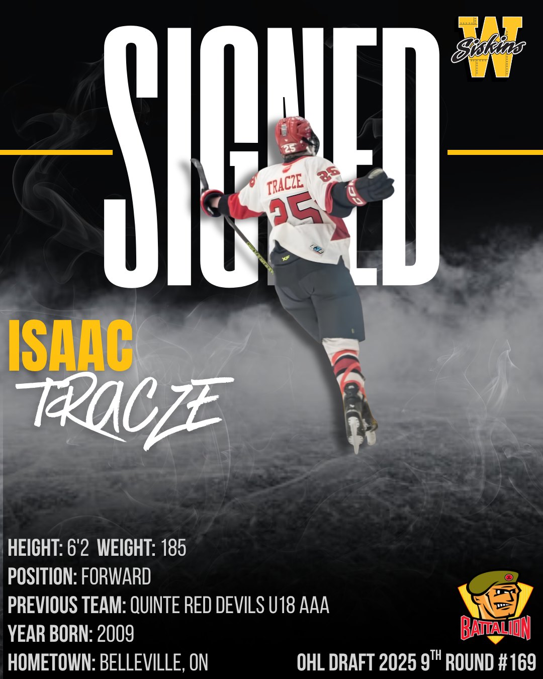 🚨 NEW SIGNING ALERT 🚨

Please welcome 2009-born forward Isaac Tracze to the Waterloo Siskins! 🛩️✍️

Hailing from Belleville, ON, Isaac joins us after a stellar season with the Quinte Red Devils U18 program, where he racked up an impressive 19 goals in just 24 games.

At 6’2” and 185 lbs, Isaac brings a lethal combination of size, elite goal-scoring ability, and serious jam to the Siskins lineup. The OHL has also taken notice—Isaac was selected in the 9th round (169th overall) by the North Bay Battalion in the 2025 OHL Priority Selection.

We can’t wait to see that size and skill on the ice this season. Welcome to Waterloo, Isaac! 🏒

#SiskyBuzz #TD66 #GOHL #WaterlooHockey