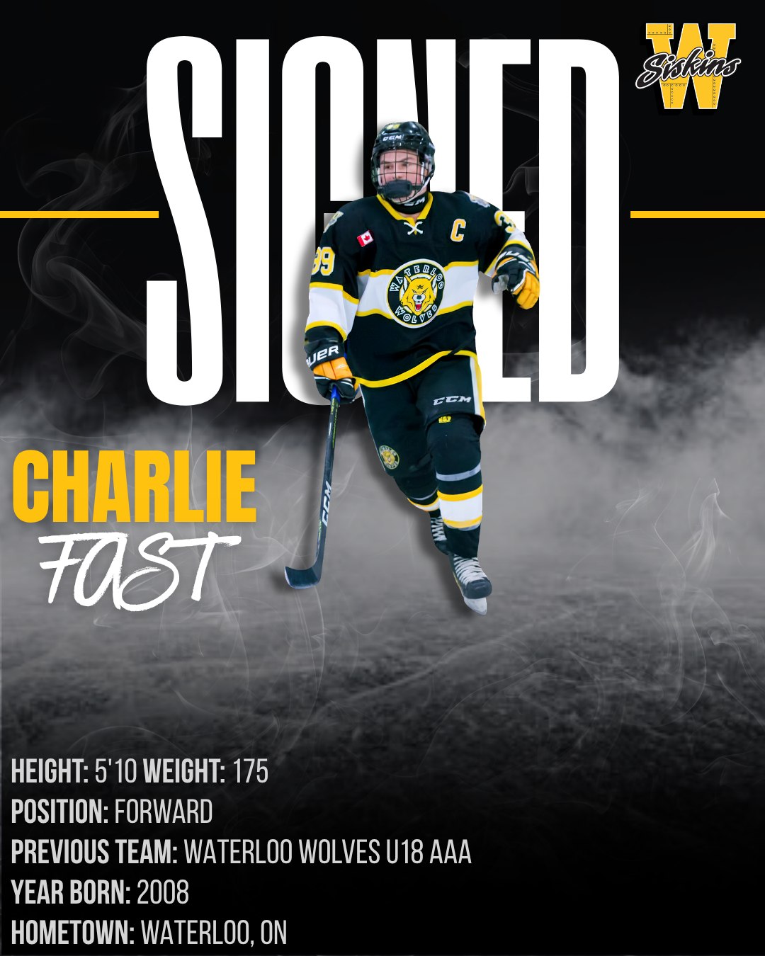 He knows how to win, and now he’s doing it here. 😤

We are ecstatic to lock in 2008-born forward Charlie Fast for the upcoming season!

Charlie wears leadership on his sleeve—captaining the Waterloo Wolves U18 AAA to both an Alliance and All-Ontario Championship, alongside a Telus Cup appearance.

With 60 points in 82 games last year, plus some valuable AP experience with the Siskins under his belt, Charlie is primed and ready to be a full-time contributor in the GOHL.

Get ready, fans. This kid is quick, oozes character, and is ready to work. 🛑👇

#SiskyBuzz #GOHL #WataWataWinners #LocalBoy