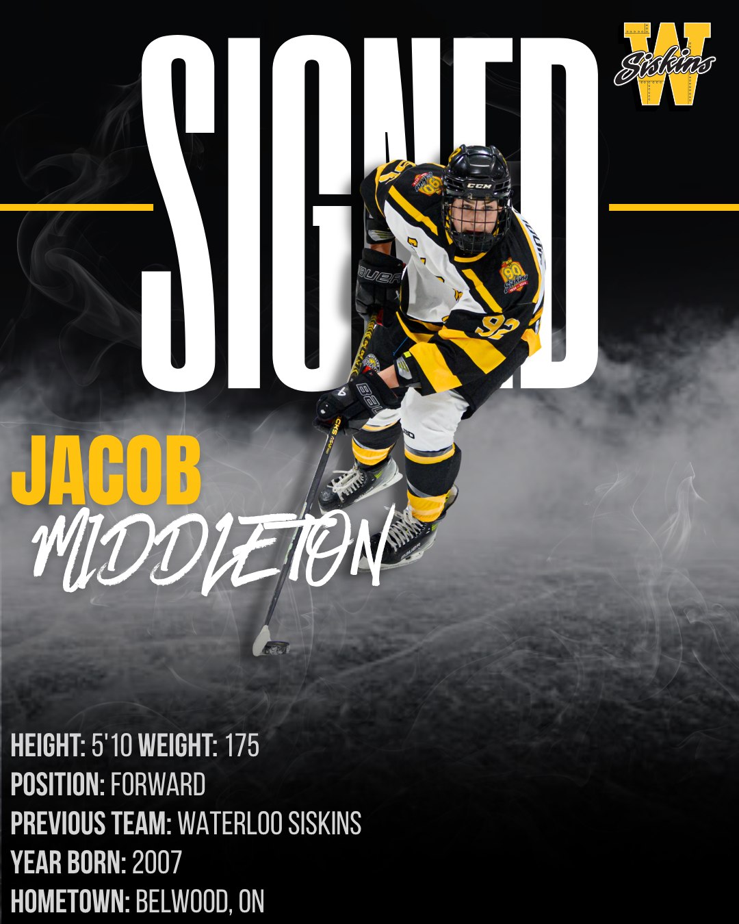 🚨 SIGNING ANNOUNCEMENT 🚨

The Waterloo Siskins are thrilled to announce the re-signing of 2007-born forward Jacob Middleton for the upcoming season! ✍️ ⚫️🟡

"Midds" is coming off a stellar campaign where he posted 12 goals and 31 points in 50 games. Now stepping into a crucial veteran role, he is primed for a massive breakout year in the GOHL.

🎙️ From the Coach:
"We are absolutely ecstatic to have a room leader like Midds back with us this season," said Head Coach Matt Doyle. "It certainly helps that he’s one of the fastest skaters in the GOHL. His speed completely changes the dynamic of our game both offensively and defensively—especially out there on the Olympic ice at the Rec Center where he can really stretch the ice and put opponents on their heels."

Welcome back, Midds! Let’s get to work. 📈

#SiskyBuzz #FastestKidAlive #GOHL #Waterloo