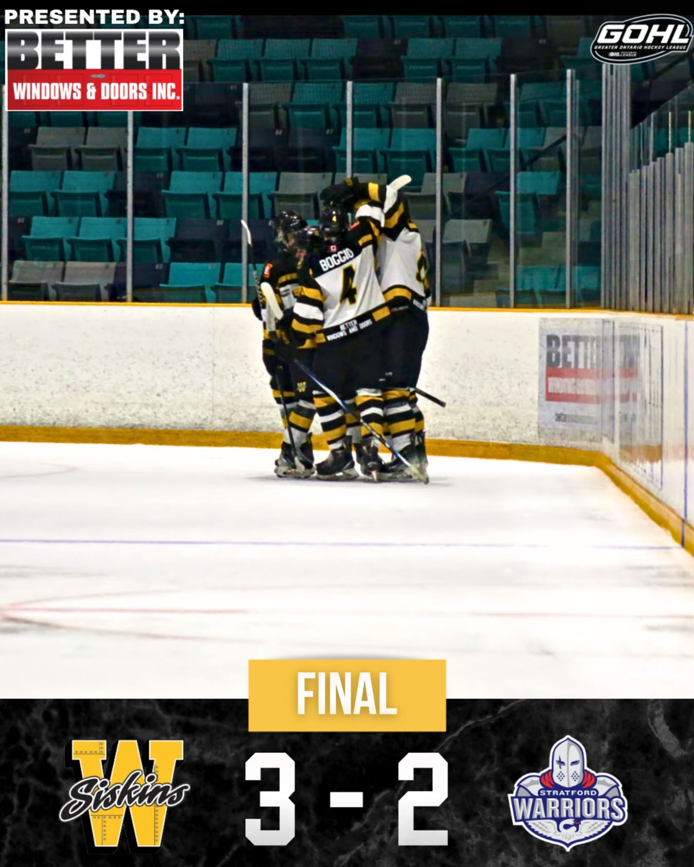 Siskins take the W in Stratford. Catch our final game of the regular season on Sunday night in Welland. 🏒

Brought to you by Better Windows and Doors Inc. @betterwindowsanddoors