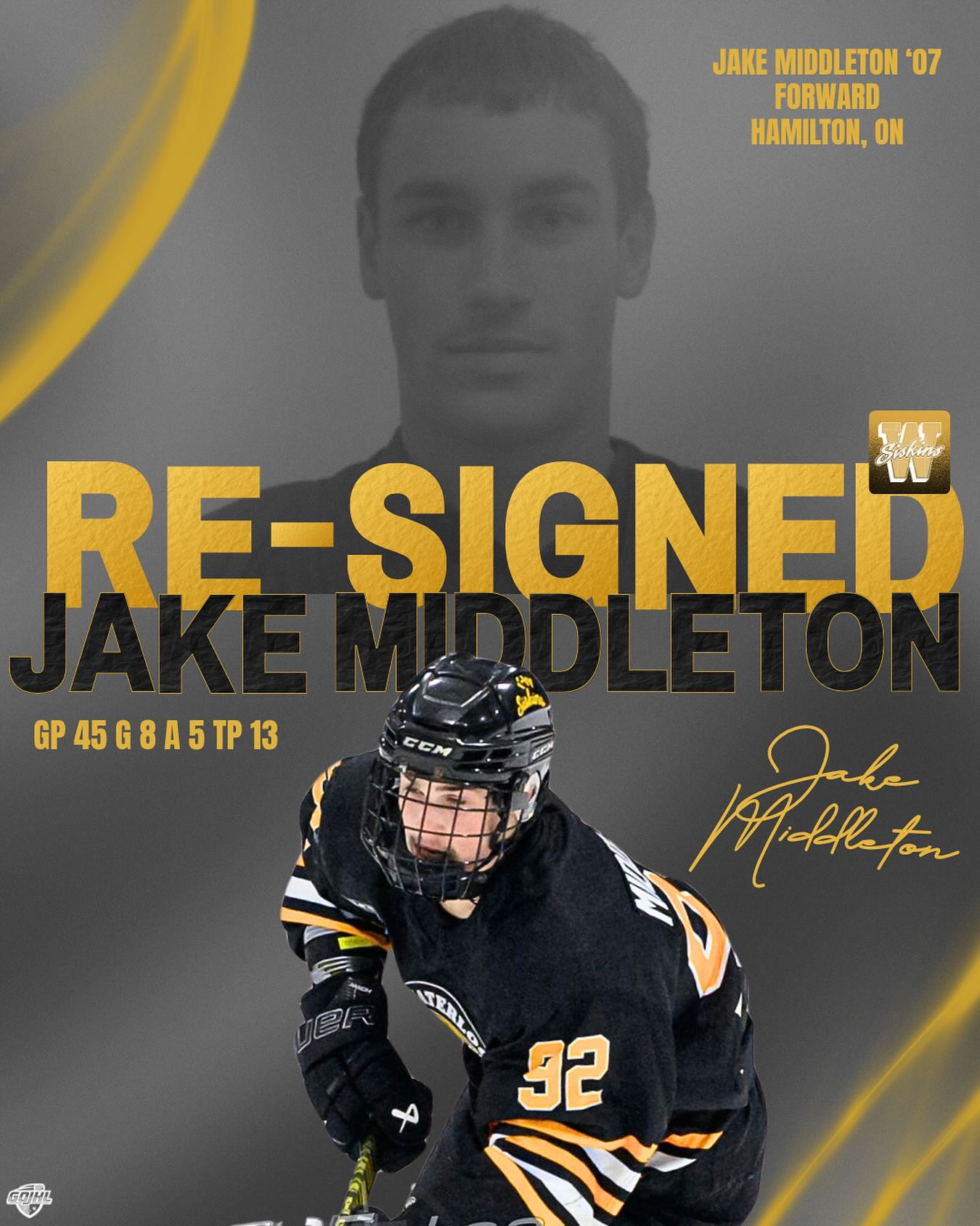 The Waterloo Siskins are pleased to welcome back forward Jake Middleton! 

This is Jake’s 2nd season as a Siskin. Last season he totalled 13 pts. Recently he was named one of our Assistant Captains for the 2025-26 season. 

Welcome back Jake! 

#waterloosiskins #GOJHL #siskinshockey #siskybuzz