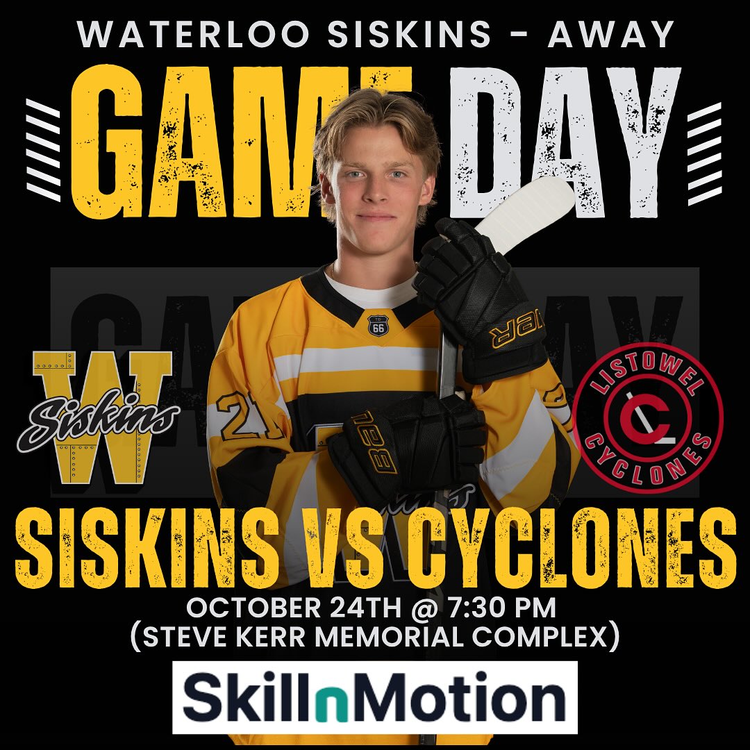 The Siskins are on the road to Listowel for a 7:30 pm game vs the Cyclones at the Steve Kerr Memorial Arena 🏒💛🖤. Today’s game is proudly sponsored by SkillsNMotion. Visit www.skillnmotion.com to learn more!