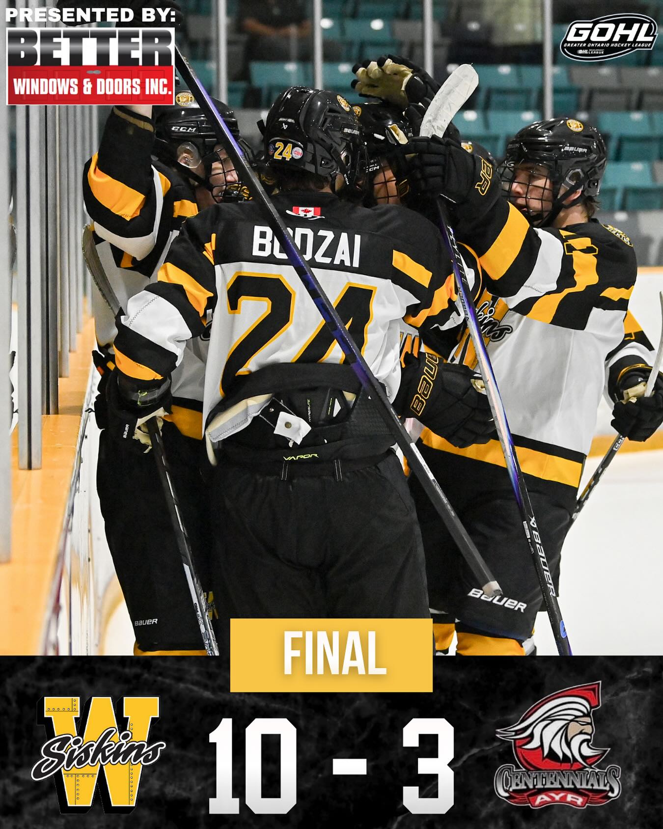 Final Score of Tonight’s Game Against the Ayr Centennials!!! GO SISKINS 🏒💛🖤 Brought to you by Better Windows & Doors.

Photography by @steforsiniphotography