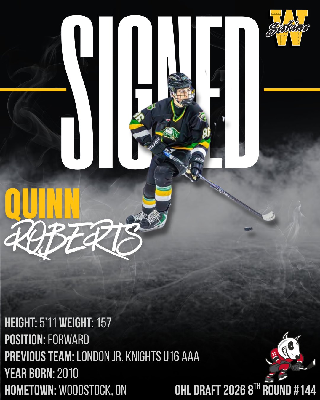 🚨 WELCOME TO WATERLOO 🚨

​The Waterloo Siskins are thrilled to announce the signing of 2010-born center Quinn Roberts for the upcoming season! ✍️

​Roberts joins the Siskins after an incredible campaign with the London Jr. Knights U16 AAA program, where he dominated the scoresheet with 21 goals and 55 points in just 30 games last season.

​A complete 200-foot forward, Quinn pairs that elite production with a high-end hockey IQ, exceptional skating, and a dynamic offensive toolkit that makes him a true difference-maker every time he steps over the boards.

​His stellar play caught the attention of the next level, resulting in his recent selection by the Niagara IceDogs in the 8th round (144th overall) of the OHL Priority Selection. 🐶

​"We are incredibly excited to welcome Quinn and his family to the Siskins organization," said General Manager Brian Huddle. "Quinn is a player of tremendous calibre who possesses the ability to be a true difference-maker in our lineup day in and day out. Our staff is eager to work with him, and we look forward to playing a small part in his development to help him reach the @ohlofficial as soon as possible."

​Welcome to the Siskins, Quinn! We can't wait to see you on the ice at the Rec Complex. 🟡⚫️

#SiskyBuzz #OHLProspect #Signing #Waterloo #GOHL