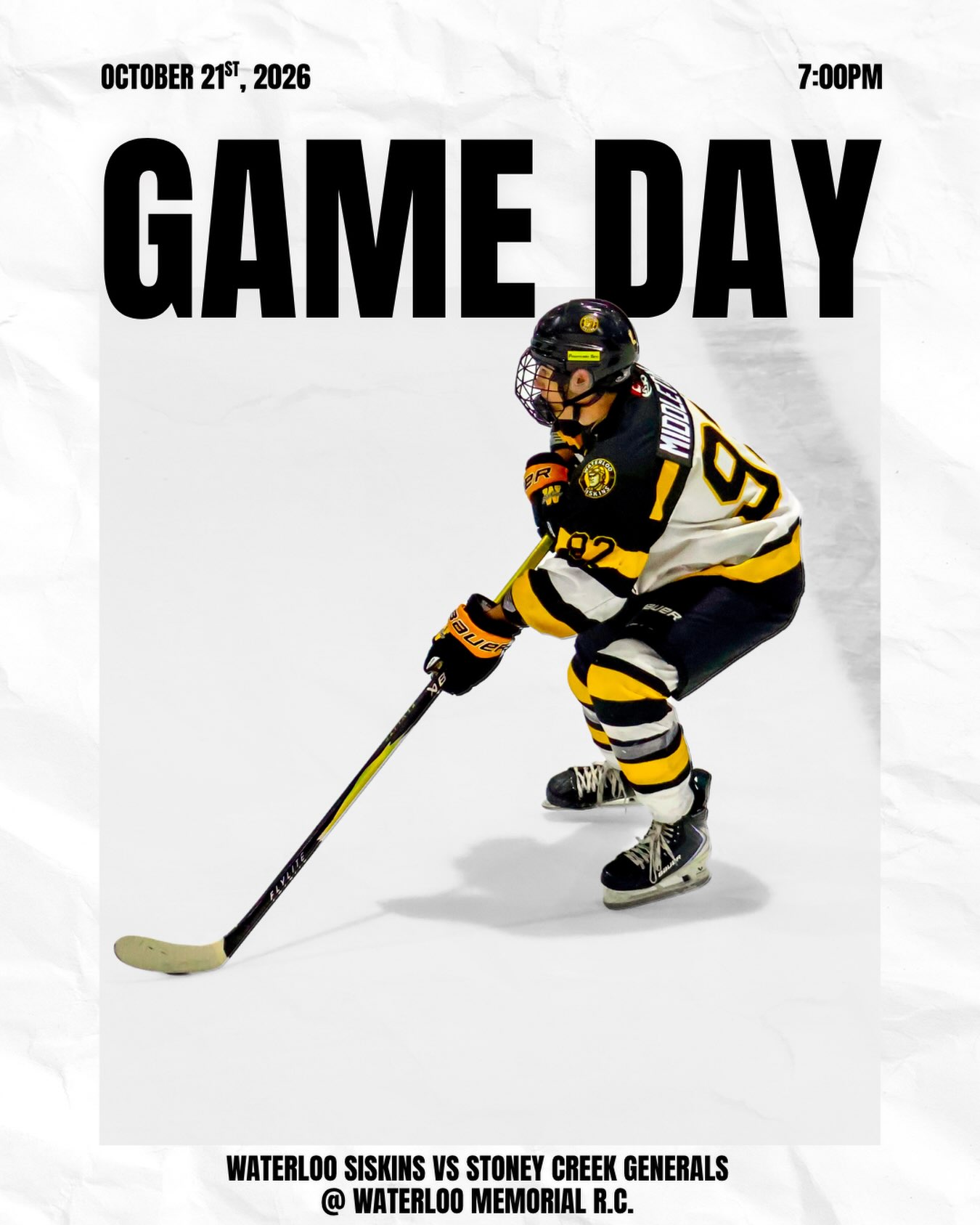 GAME DAY! 🚨💛

🆚 Stoney Creek Generals 🪖 ⏰ 7:00 PM 📍 Waterloo Memorial R.C.

#siskybuzz