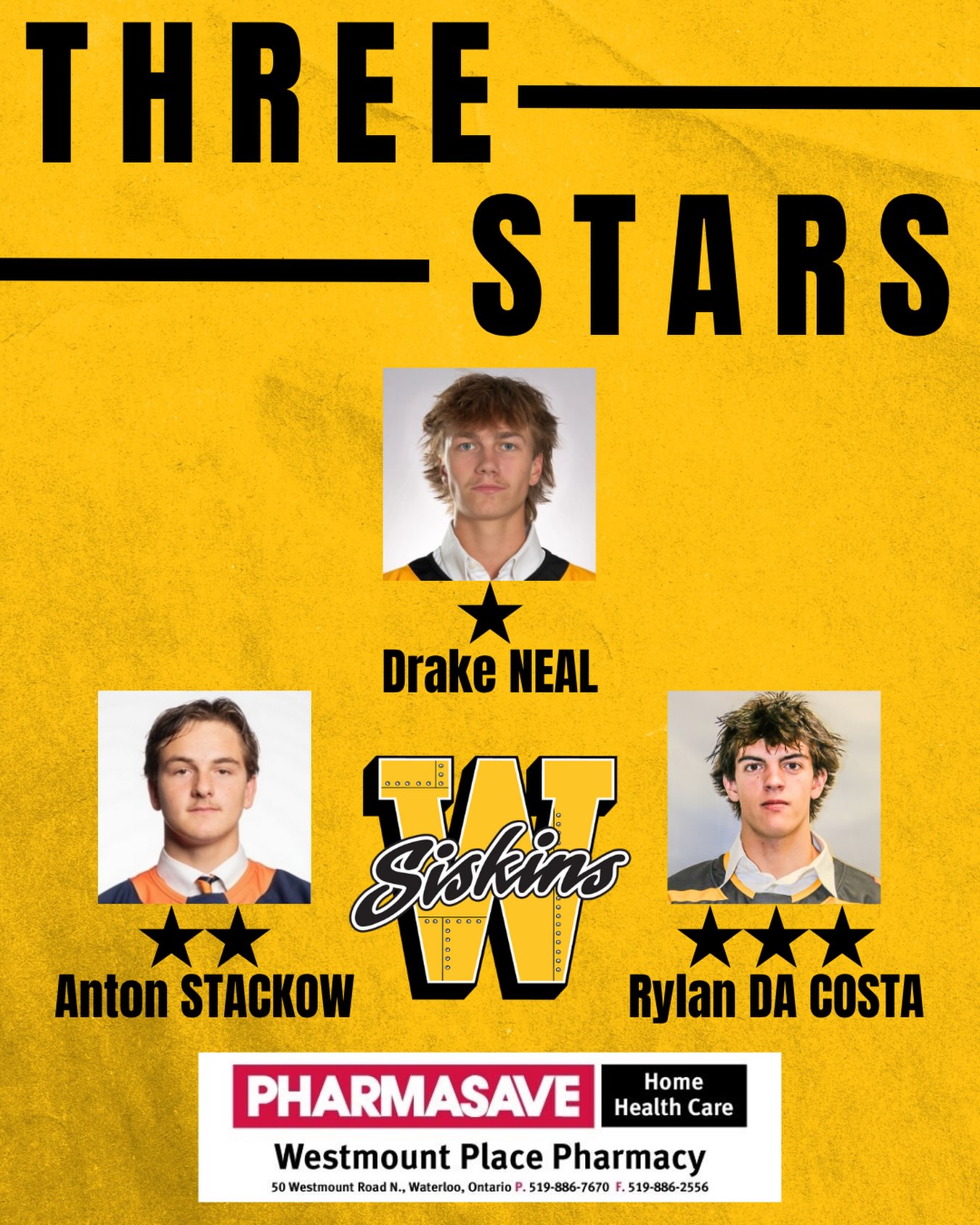 3 STARS ⭐️⭐️⭐️

Your three stars of the game are Drake Neal, Anton Stackow and Rylan Da Costa!

Sponsored by @westmountplacepharmacy