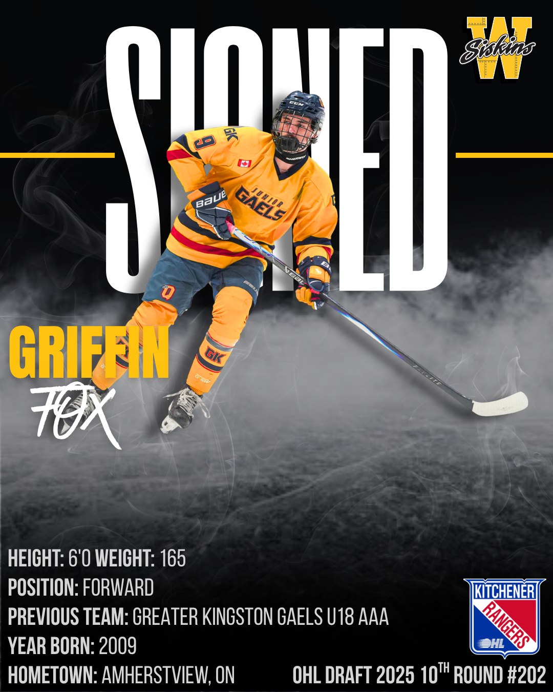 🚨 SIGNED 🚨

We are thrilled to announce the official signing of 2009-born forward Griffin Fox! 🦊✍️

Fox joins us following a standout season with the Kingston U18 program. His impressive development also caught the eyes of the OHL’s Kitchener Rangers, who selected him in the 10th round (202nd overall) of the 2025 OHL Priority Selection.

When tracking Griffin this spring, our scouting staff and coaches continually noted his elite work ethic, relentless grit, and a highly responsible two-way game that impacts every shift.

Head Coach Matt Doyle on what makes Griffin a perfect fit for our club:

"Griffin completely earned this opportunity through his performance at our spring camp and as a member of our Carnevale Showcase team. He’s a player who drives the play, wins battles in the dirty areas, and plays the game the right way at both ends of the ice. We love his competitiveness and can't wait to see him in our lineup."

Please join us in giving Griffin and the Fox family a massive welcome to the team!

#SiskyBuzz #OHL #GOHL #Development #Waterloo