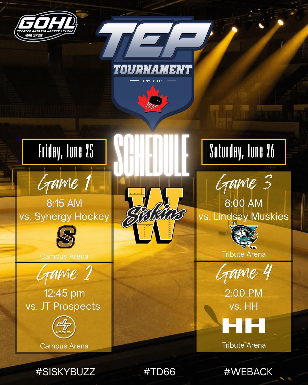 Road trip! 🚌

We are heading down the highway to Oshawa and Whitby for the TEP Showcase from Friday, June 26 to Sunday, June 28.

The build for the 2026-27 season is officially underway, and we can’t wait to see this new group hit the ice together for the first time. Check the graphic for our game times and locations—we’d love to see some Siskins fans in the stands! 

Drop a ❤️ to wish the boys luck this weekend!

#SiskyBuzz #TD66 #Waterloo #GOHL #LFG