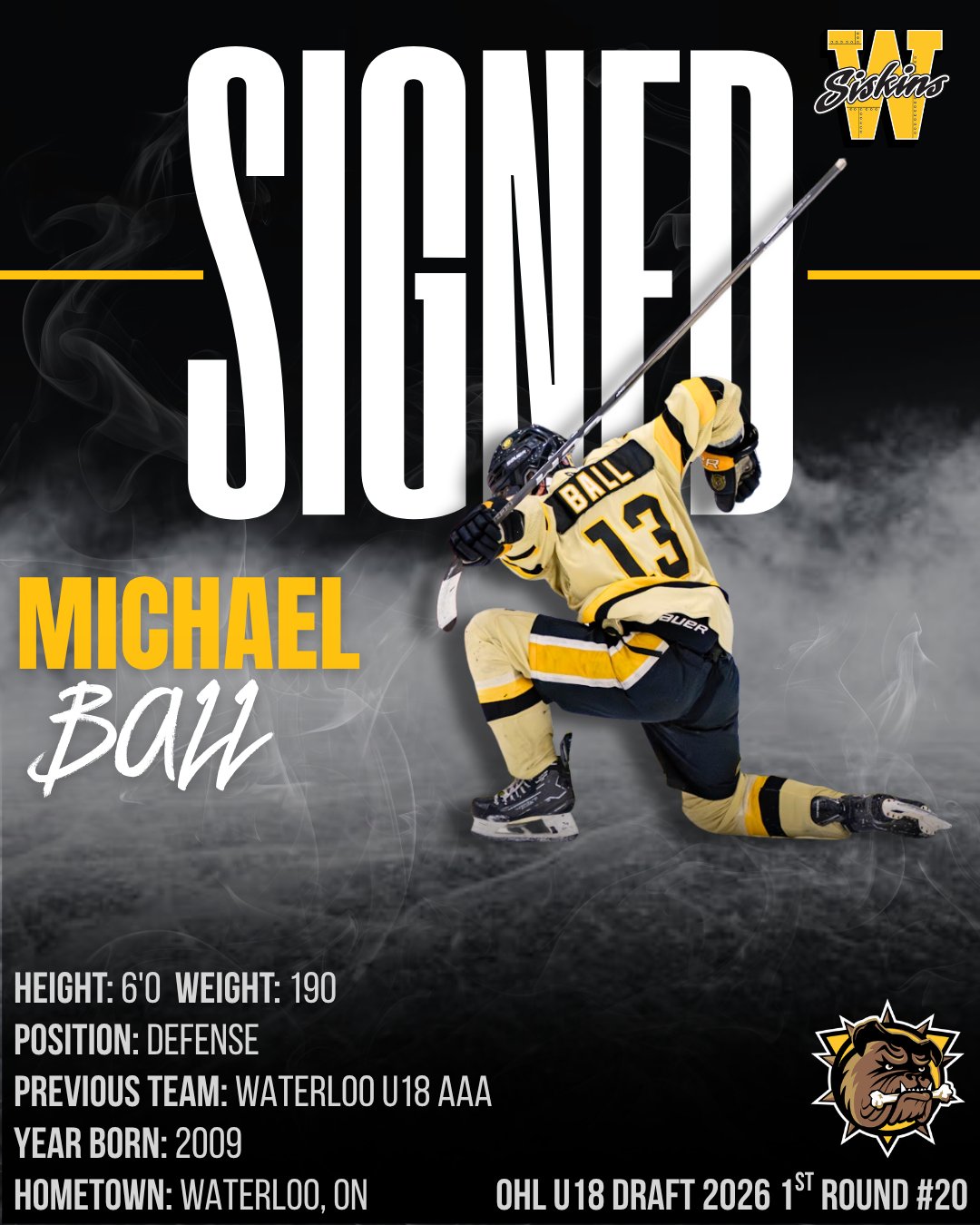 🚨 SIGNING ANNOUNCEMENT 🚨

The Waterloo Siskins are thrilled to announce the signing of local 2009-born defenseman, Michael Ball! ✍️

Michael is coming off a massive night, having been selected in the 1st round (20th overall) by the @bulldogsohl in last night’s OHL U18 Priority Selection. We are incredibly excited to welcome this elite, homegrown talent to the Siskins family and watch him development in the yellow and black.

Join us in giving Michael a huge Waterloo welcome! 🤝

#GOHL #OHL #Development #SiskyBuzz #Waterloo