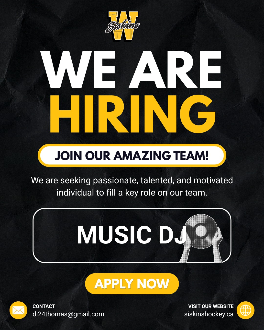 🏒 WANTED: THE NEXT WATERLOO SISKINS DJ! 🎧

Think you have what it takes to bring the energy to the arena? The Waterloo Siskins are looking for a Game Day DJ for the 2026–27 season!

If you know how to pump up the crowd, time the goal horns, and keep the ice buzzing all night long, we want to hear from you.

The Deets:

📍 Where: Siskins Home Games

💰 Compensation: Paid on a per-game basis

📅 Season: 2026–2027

📩 How to Apply / Learn More:

Reach out to Diana Thomas (email provided on the image) or Brian Huddle for more details or to submit your interest!

Drop a comment below or send a message—let’s make this season loud! 🔊🔥

#Waterloo #Music #BringtheNoise #SiskyBuzz #Hockey