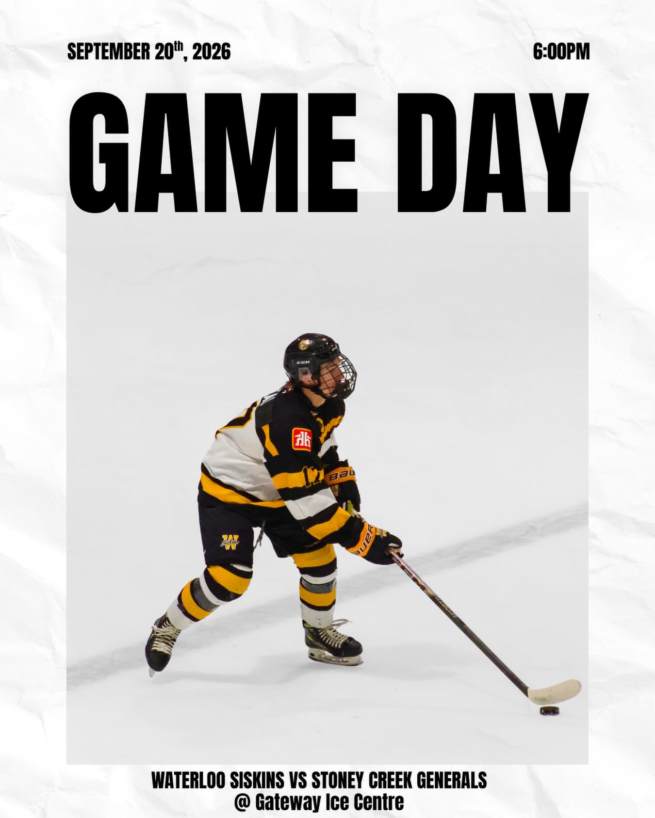 GAME DAY! 🚨💛

The Siskins and Generals face each other once again tonight in Stoney Creek! 

🆚 Stoney Creek Generals 🪖 ⏰ 6:00 PM 📍 Gateway Ice Centre

#siskybuzz