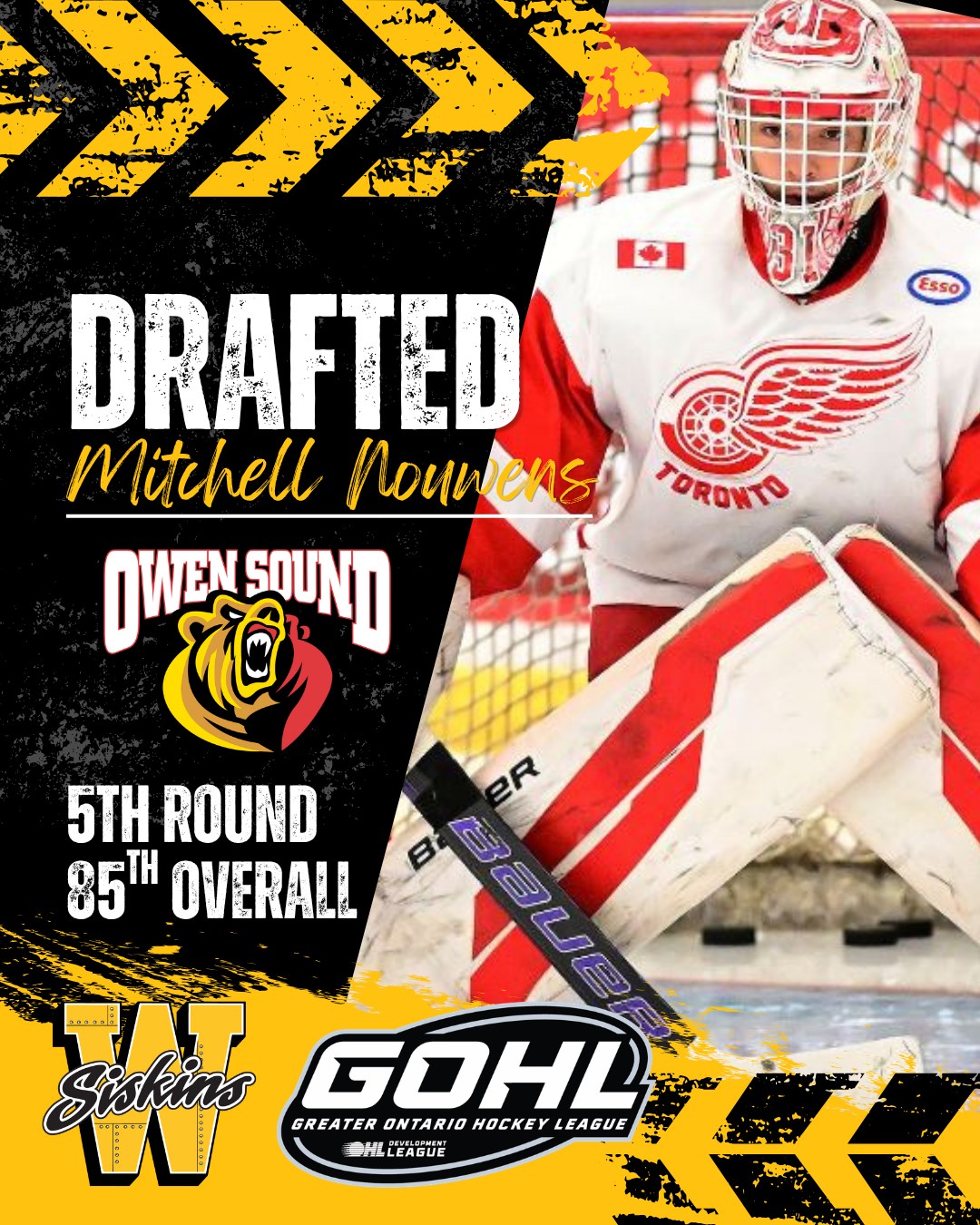 📢 Siskins Draft Alert!

Huge congratulations to Siskins AP goaltender Mitchell Nouwens on being selected in the 5th round, 85th overall, by the Owen Sound Attack in the OHL Priority Selection!

Mitchell, your hard work, dedication, and stellar performances in the crease have earned this incredible opportunity. The entire Waterloo Siskins organization, staff, and fan base couldn't be prouder to see you take this next monumental step in your hockey journey.

We can't wait to watch you light it up in the OHL! 🪵💪

#SiskyBuzz #Development #OHL #GOHL #SiskinNation